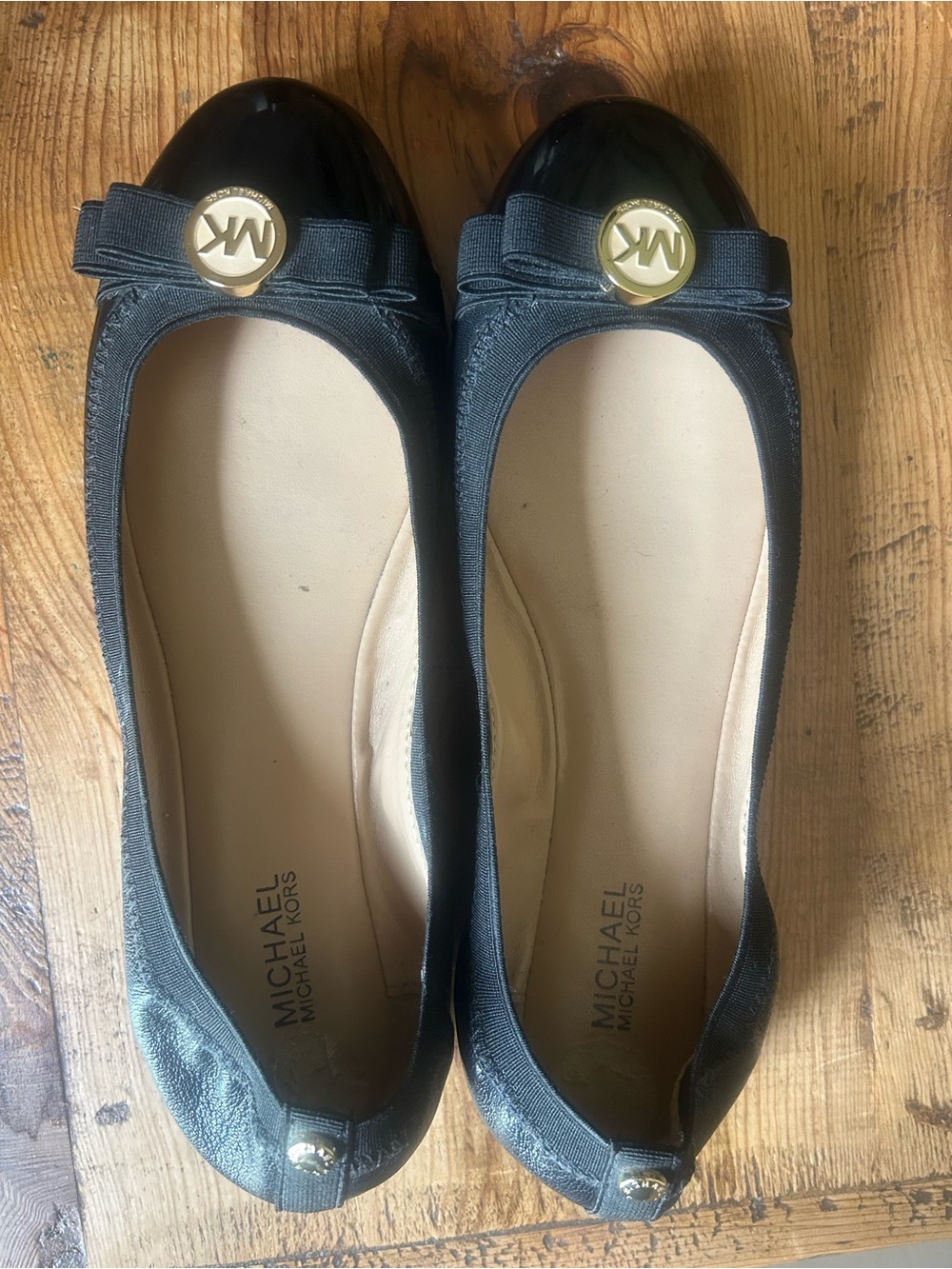 Michael Kors Black Patent Toe Ballet Flats with Gold MK Medallion